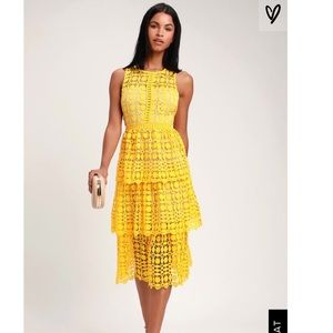Lulus’s Yellow Crochet Lace Sleeveless Midi Dress